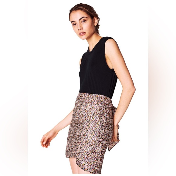 ba&sh Dina Belted Printed Metallic Chiffon Mini Skirt In Ecru - Picture 1 of 15